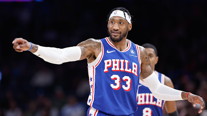 Nov 25, 2023; Oklahoma City, Oklahoma, USA; Philadelphia 76ers forward Robert Covington (33) gestures to his team during the second half against the Oklahoma City Thunder at Paycom Center. Mandatory Credit: Alonzo Adams-Imagn Images
