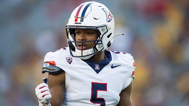 Nov 25, 2023; Tempe, Arizona, USA; Arizona Wildcats wide receiver Montana Lemonious-Craig (5) against the Arizona State Sun Devils during the Territorial Cup at Mountain America Stadium
