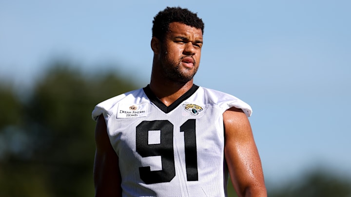 Jul 24, 2024; Jacksonville, FL, USA; Jacksonville Jaguars defensive end Arik Armstead (91) participates in training camp at Miller Electric Center. Mandatory Credit: Nathan Ray Seebeck-Imagn Images