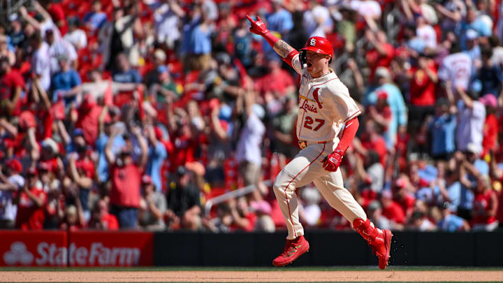 Apr 25, 2026; St. Louis, Missouri, USA; St. Louis Cardinals left fielder Nathan Church (27) reacts as he runs the bases after hitting a two run home run against the Seattle Mariners during the seventh inning at Busch Stadium. Mandatory Credit: Jeff Curry-Imagn Images