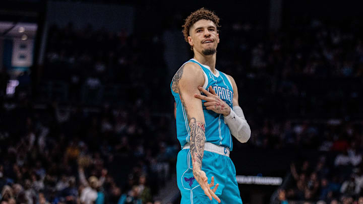 Nov 8, 2024; Charlotte, North Carolina, USA; Charlotte Hornets guard LaMelo Ball (1) celebrates after a three-point basket against the Indiana Pacers in the first quarter at Spectrum Center. Mandatory Credit: Scott Kinser-Imagn Images
