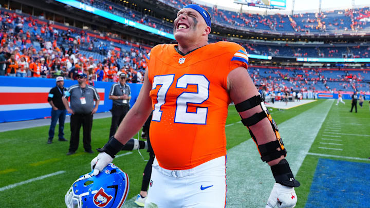 Oct 6, 2024; Denver, Colorado, USA; Denver Broncos offensive tackle Garett Bolles (72) celebrates following the game against the Las Vegas Raiders at Empower Field at Mile High.