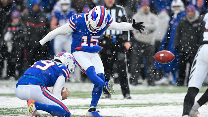 Dec 7, 2025; Orchard Park, New York, USA; Buffalo Bills place kicker Matt Prater (15) kicks an extra point in the fourth quarter against the Cincinnati Bengals at Highmark Stadium. 