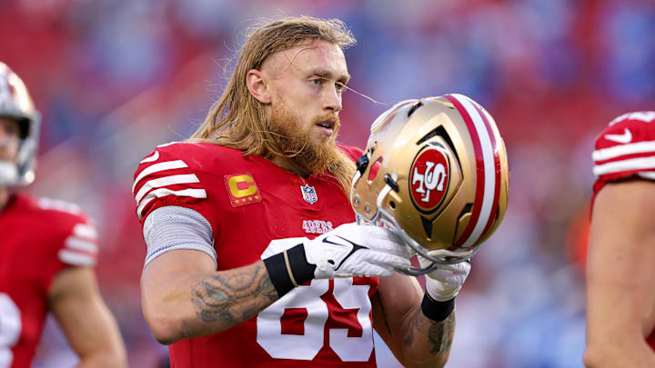 Dec 30, 2024; Santa Clara, California, USA; San Francisco 49ers tight end George Kittle (85) warms up before the game against the Detroit Lions at Levi's Stadium. Mandatory Credit: Sergio Estrada-Imagn Images