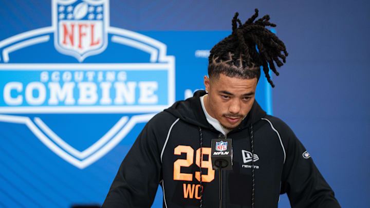 Feb 27, 2026; Indianapolis, IN, USA; Southern California wideout Makai Lemon (WO29) speaks to members of the media during the NFL Combine at the Indiana Convention Center. Mandatory Credit: Jacob Musselman-Imagn Images