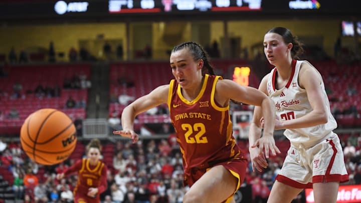 Iowa State's Reagan Wilson (22) chases a loose ball against Texas Tech in a Big 12 women's basketball game Wednesday, Jan. 28, 2026, at United Supermarkets Arena.