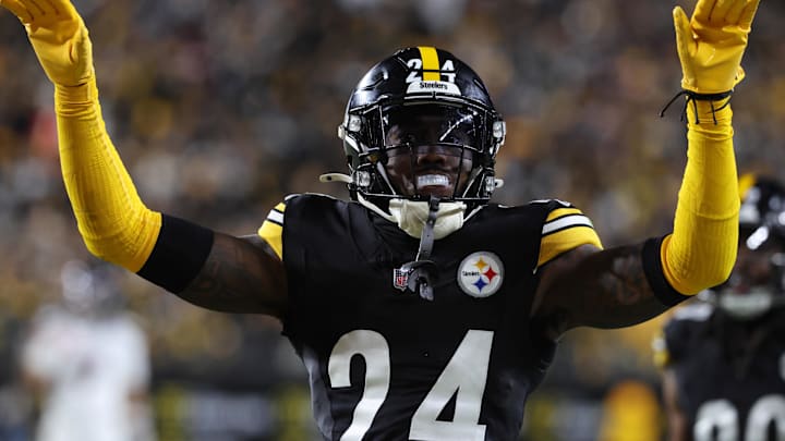 Jan 12, 2026; Pittsburgh, PA, USA; Pittsburgh Steelers cornerback Joey Porter Jr. (24) reacts after a play during the second half of an AFC Wild Card Round game against the Houston Texans at Acrisure Stadium. Mandatory Credit: Charles LeClaire-Imagn Images