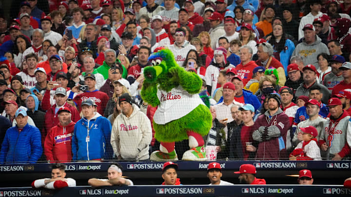 Philadelphia Phillies mascot the Phillie Phanatic watches with fans during the seventh inning against the Arizona Diamondbacks in Game 6 of the NLCS at Citizens Bank Park on Oct. 23, 2023, in Philadelphia, PA. The Arizona Diamondbacks won Game 6 of the NLCS against the Philadelphia Phillies, 5-1. Philadelphia Phillies mascot the Phillie Phanatic watches with fans during the seventh inning against the Arizona Diamondbacks in Game 6 of the NLCS at Citizens Bank Park on Oct. 23, 2023, in Philadelphia, PA. The Arizona Diamondbacks won Game 6 of the NLCS against the Philadelphia Phillies, 5-1.