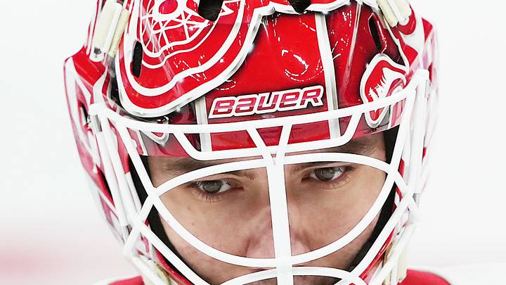 Oct 2, 2025; Toronto, Ontario, CAN; Detroit Red Wings goaltender Michal Postava (35) skates during the warmup against the Toronto Maple Leafs at Scotiabank Arena. Mandatory Credit: Nick Turchiaro-Imagn Images