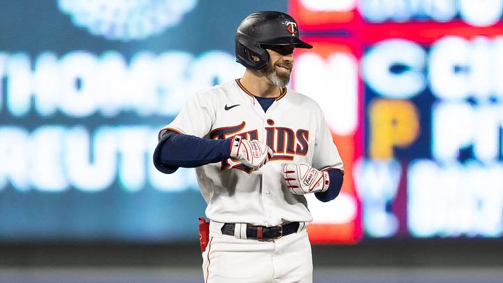 Sep 28, 2022; Minneapolis, Minnesota, USA; Minnesota Twins left fielder Jake Cave (8) reacts to hitting a double during the sixth inning against the Chicago White Sox at Target Field. Mandatory Credit: Jordan Johnson-USA TODAY Sports Sep 28, 2022; Minneapolis, Minnesota, USA; Minnesota Twins left fielder Jake Cave (8) reacts to hitting a double during the sixth inning against the Chicago White Sox at Target Field. Mandatory Credit: Jordan Johnson-USA TODAY Sports