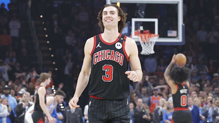 Mar 31, 2025; Oklahoma City, Oklahoma, USA;  Chicago Bulls guard Josh Giddey (3) runs down the court smiling during free throws against the Oklahoma City Thunder during the first quarter at Paycom Center. Mandatory Credit: Alonzo Adams-Imagn Images