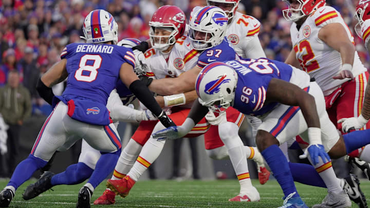 Buffalo Bills defensive end Joey Bosa sacks Kansas City Chiefs quarterback Patrick Mahomes.