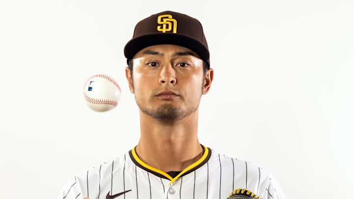 Feb 19, 2025; Peoria, AZ, USA; San Diego Padres pitcher Yu Darvish poses for a portrait during Media Day at Peoria Sports Complex. Mandatory Credit: Mark J. Rebilas-Imagn Images