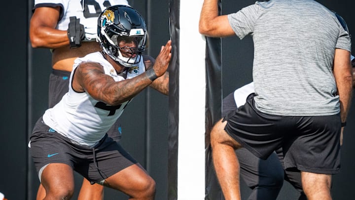 Jacksonville Jaguars defensive end Josh Hines-Allen (41) runs through drills during the seventh organized team activity at the Miller Electric Center in Jacksonville, Fla. Monday, June 2, 2025. [Doug Engle/Florida Times-Union]