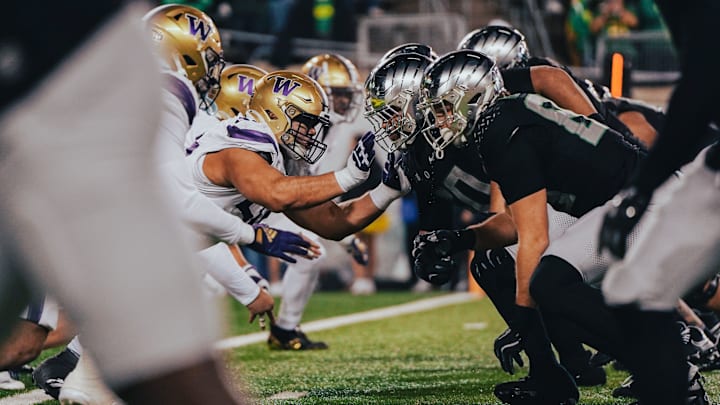 Sebastian Valdez strikes an Oregon offensive lineman in Eugene. 