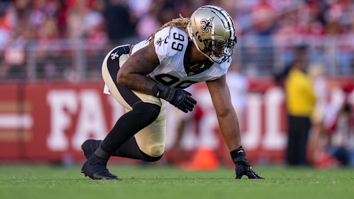 August 18, 2024; Santa Clara, California, USA; New Orleans Saints defensive end Chase Young (99) during the second quarter against the San Francisco 49ers at Levi's Stadium. August 18, 2024; Santa Clara, California, USA; New Orleans Saints defensive end Chase Young (99) during the second quarter against the San Francisco 49ers at Levi's Stadium.