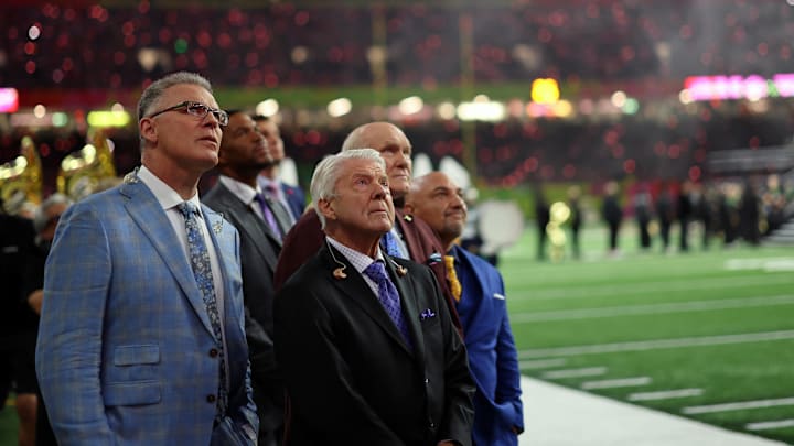 Feb 9, 2025; New Orleans, LA, USA; Fox Sports NFL Sunday analyst Howie Long, Fox Sports NFL Sunday analyst Jimmie Johnson, and Fox NFL Sunday co-host Terry Bradshaw before Super Bowl LIX between the Philadelphia Eagles and the Kansas City Chiefs at Caesars Superdome. Mandatory Credit: Geoff Burke-Imagn Images