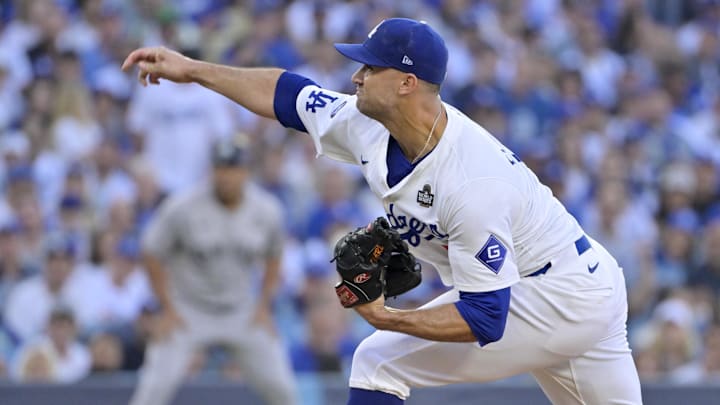 Oct 25, 2024; Los Angeles, California, USA; Los Angeles Dodgers pitcher Jack Flaherty (0) pitches against the New York Yankees in the first inning during game one of the 2024 MLB World Series at Dodger Stadium.