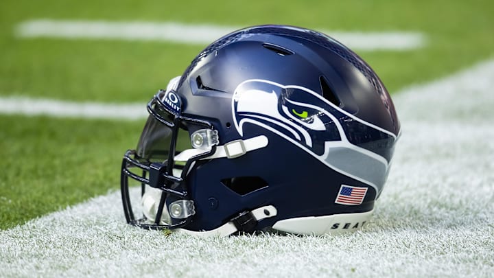 Dec 8, 2024; Glendale, Arizona, USA; Detailed view of a Seattle Seahawks helmet at State Farm Stadium.