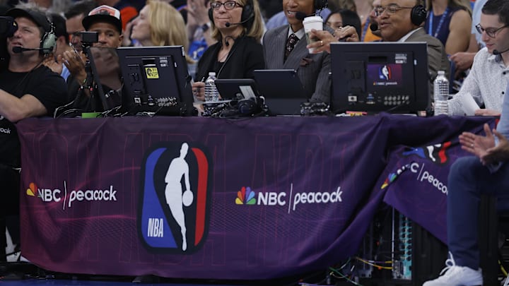 Mar 29, 2026; Oklahoma City, Oklahoma, USA; NBC broadcast team watches a game between the New York Knicks and Oklahoma City Thunder at Paycom Center. Mandatory Credit: Alonzo Adams-Imagn Images