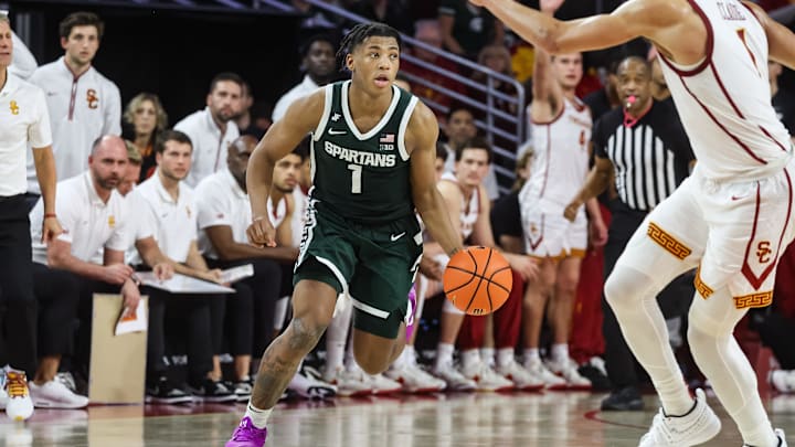 Feb 1, 2025; Los Angeles, California, USA;  Michigan State Spartans guard Jeremy Fears Jr. (1) dribbles down court against the USC Trojans at the Galen Center. Mandatory Credit: William Navarro-Imagn Images