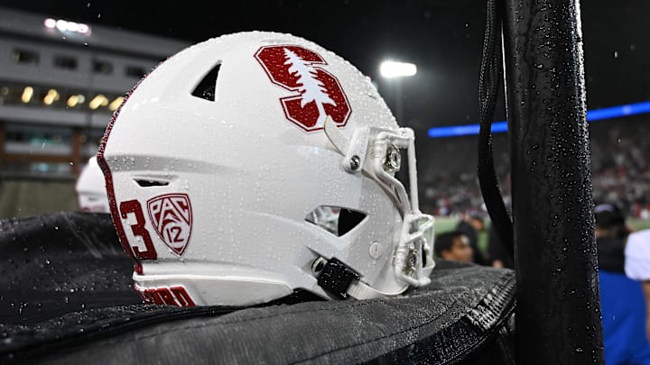Nov 4, 2023; Pullman, Washington, USA; Stanford Cardinal helmet sits against the Washington State Cougars in the first half at Gesa Field at Martin Stadium. Mandatory Credit: James Snook-Imagn Images