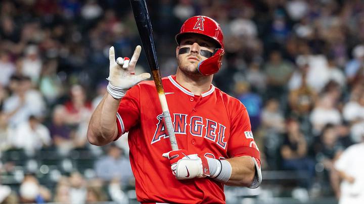 Jun 15, 2026; Phoenix, Arizona, USA; Los Angeles Angels outfielder Mike Trout gestures to a fan against the Arizona Diamondbacks in the first inning at Chase Field. Mandatory Credit: Mark J. Rebilas-Imagn Images