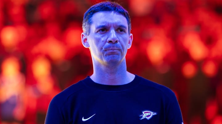 Apr 9, 2025; Phoenix, Arizona, USA; Oklahoma City Thunder head coach Mark Daigneault  against the Phoenix Suns at Footprint Center. Mandatory Credit: Mark J. Rebilas-Imagn Images