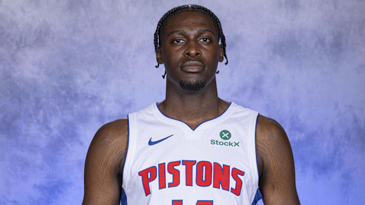 Sep 29, 2025; Detroit, MI, USA; Detroit Pistons center Charles Bediako (14) poses for his official head shot for the 2025-26 season at the Detroit Pistons Performance Center. Mandatory Credit: David Reginek-Imagn Images