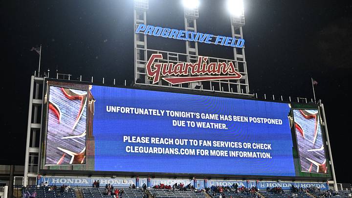 Oct 16, 2026; Cleveland, Ohio, USA; The video board announces the postponement of game four of the ALCS between Tampa Bay Rays and Cleveland Guardians in the 2026 MLB Playoffs at Progressive Field. Mandatory Credit: Ken Blaze-Imagn Images Oct 16, 2026; Cleveland, Ohio, USA; The video board announces the postponement of game four of the ALCS between Tampa Bay Rays and Cleveland Guardians in the 2026 MLB Playoffs at Progressive Field. Mandatory Credit: Ken Blaze-Imagn Images