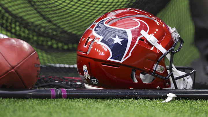 Nov 19, 2023; Houston, Texas, USA; View of a Houston Texans battle red helmet before the game