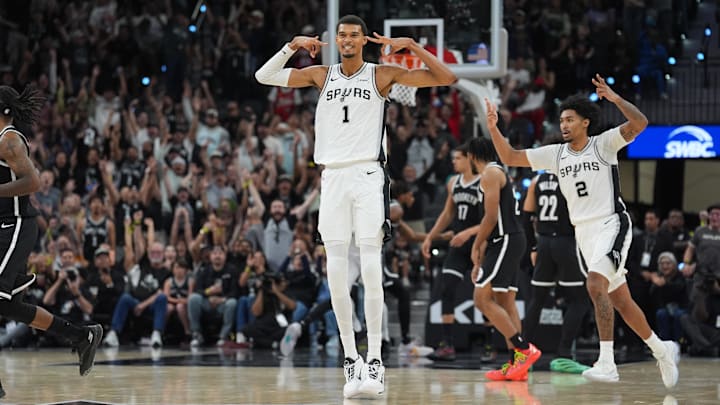 Oct 26, 2025; San Antonio, Texas, USA; San Antonio Spurs forward Victor Wembanyama (1) celebrates a three-point shot Oct 26, 2025; San Antonio, Texas, USA; San Antonio Spurs forward Victor Wembanyama (1) celebrates a three-point shot