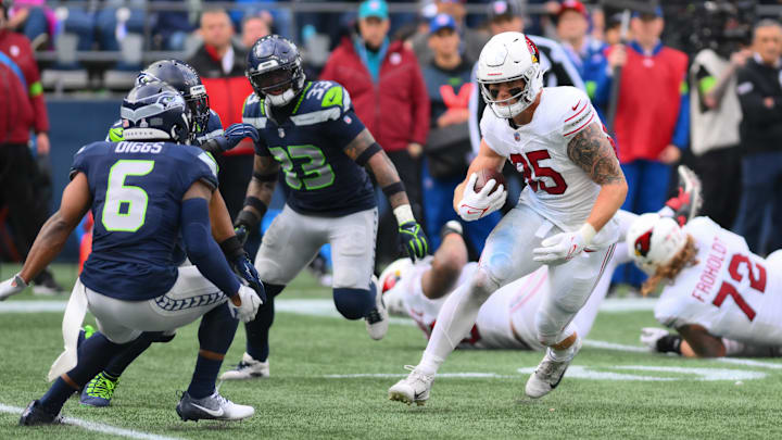 Oct 22, 2023; Seattle, Washington, USA; Arizona Cardinals tight end Trey McBride (85) carries the
