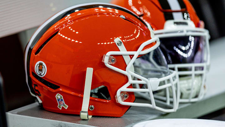 Nov 17, 2024; New Orleans, Louisiana, USA;  Detailed view of the Cleveland Browns helmets on a time out against the New Orleans Saints during the first half at Caesars Superdome. Mandatory Credit: Stephen Lew-Imagn Images