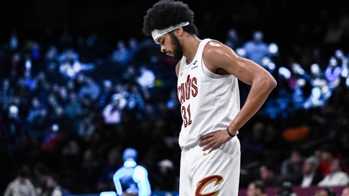 Feb 20, 2025; Brooklyn, New York, USA; Cleveland Cavaliers center Jarrett Allen (31) during the first half against the Brooklyn Nets at Barclays Center. Mandatory Credit: John Jones-Imagn Images