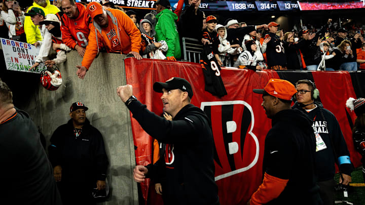 Cincinnati Bengals head coach Zac Taylor raises his fist while leaving the field after the NFL game at Paycor Stadium in Cincinnati on Saturday, Dec. 28, 2024. Cincinnati Bengals defeated Denver Broncos 30-24 in overtime. Cincinnati Bengals head coach Zac Taylor raises his fist while leaving the field after the NFL game at Paycor Stadium in Cincinnati on Saturday, Dec. 28, 2024. Cincinnati Bengals defeated Denver Broncos 30-24 in overtime.