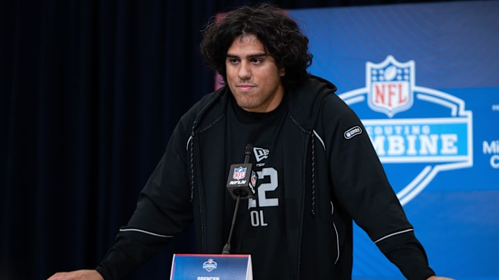 Feb 28, 2026; Indianapolis, IN, USA; Utah offensive lineman Spencer Fano (OL22) speaks to members of the media during the NFL Combine at the Indiana Convention Center. Mandatory Credit: Jacob Musselman-Imagn Images