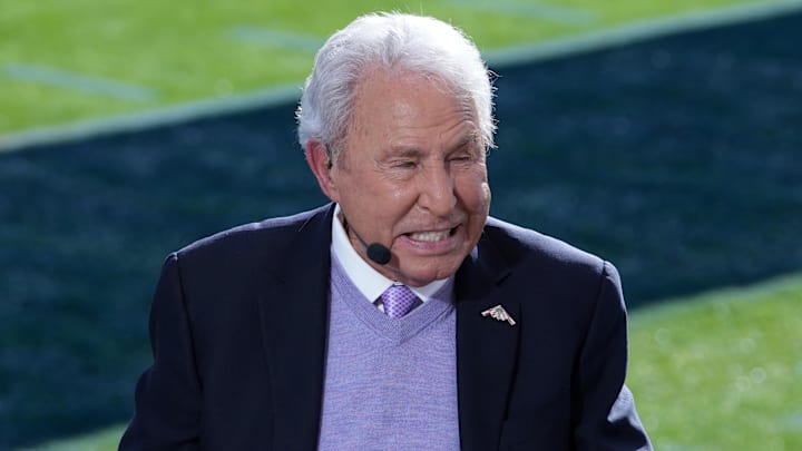 Jan 1, 2024; Pasadena, CA, USA; Lee Corso on the ESPN College Gameday set at the 2024 Rose Bowl college football playoff semifinal game at Rose Bowl. Mandatory Credit: Kirby Lee-Imagn Images