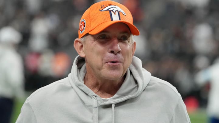 Nov 24, 2024; Paradise, Nevada, USA; Denver Broncos coach Sean Payton reacts during the game against the Las Vegas Raiders at Allegiant Stadium. 