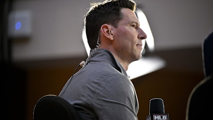 Dec 9, 2024; Dallas, TX, USA; Boston Red Sox chief baseball officer Craig Breslow speaks with the media at the Hilton Anatole during the 2024 MLB Winter Meetings. Dec 9, 2024; Dallas, TX, USA; Boston Red Sox chief baseball officer Craig Breslow speaks with the media at the Hilton Anatole during the 2024 MLB Winter Meetings.