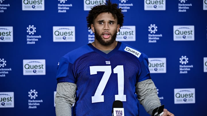 May 10, 2025; East Rutherford, NJ, USA; New York Giants offensive lineman Marcus Mbow (71) speaks during a press conference after rookie minicamp at Quest Diagnostics Training Center. Mandatory Credit: John Jones-Imagn Images