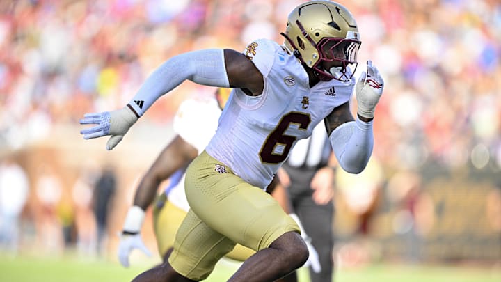 Nov 16, 2024; Dallas, Texas, USA; Boston College Eagles defensive end Donovan Ezeiruaku (6) rushes against the SMU Mustangs offense during the first half at the Gerald J. Ford Stadium. Mandatory Credit: Jerome Miron-Imagn Images