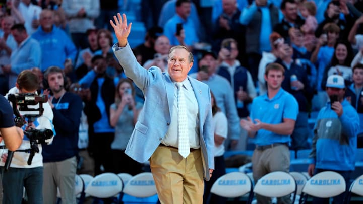 North Carolina Tar Heels head football coach Bill Belichick is introduced during half time at Dean E. Smith Center. 