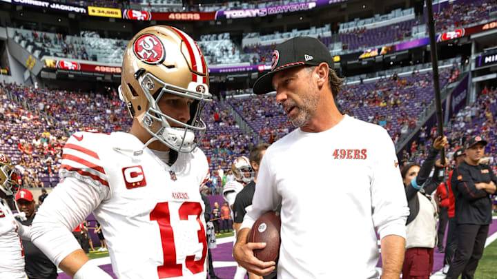 San Francisco 49ers quarterback Brock Purdy (L) and head coach Kyle Shanahan (R)