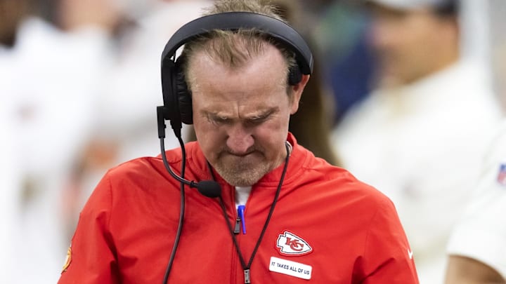 Feb 9, 2025; New Orleans, LA, USA;  Kansas City Chiefs defensive coordinator Steve Spagnuolo against the Philadelphia Eagles in Super Bowl LIX at Ceasars Superdome. Mandatory Credit: Mark J. Rebilas-Imagn Images