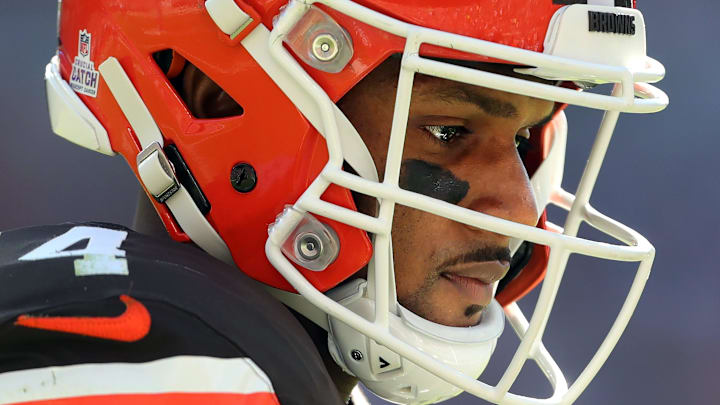 Cleveland Browns quarterback Deshaun Watson heads to the sideline during the first half against the Cincinnati Bengals on Sunday, Oct. 20, 2024, in Cleveland, Ohio.