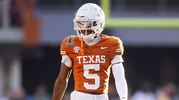 Dec 21, 2024; Austin, Texas, USA; Texas Longhorns defensive back Malik Muhammad (5) against the Clemson Tigers during the CFP National playoff first round at Darrell K Royal-Texas Memorial Stadium. Mandatory Credit: Mark J. Rebilas-Imagn Images