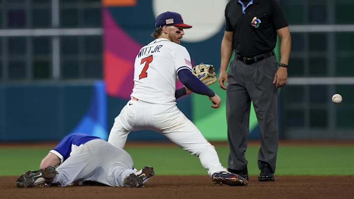Mar 10, 2026; Houston, TX, United States;  Italy catcher Kyle Teel (3) slides into second with a double as United States shortstop Bobby Witt Jr. (7) awaits the ball in the sixth inning at Daikin Park. Mandatory Credit: Thomas Shea-Imagn Images