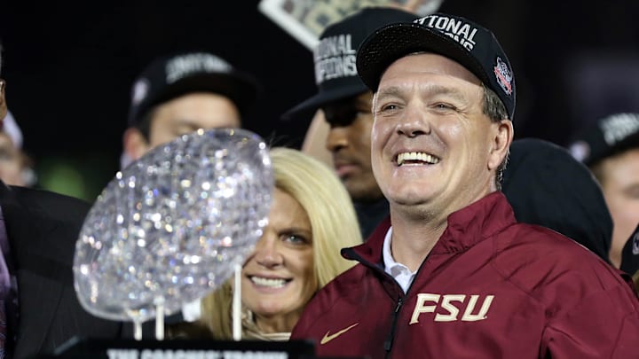 Jan 6, 2014; Pasadena, CA, USA; Florida State Seminoles head coach Jimbo Fisher celebrates after defeating the Auburn Tigers 34-31 the 2014 BCS National Championship game at the Rose Bowl. Mandatory Credit: Matthew Emmons-Imagn Images Jan 6, 2014; Pasadena, CA, USA; Florida State Seminoles head coach Jimbo Fisher celebrates after defeating the Auburn Tigers 34-31 the 2014 BCS National Championship game at the Rose Bowl. Mandatory Credit: Matthew Emmons-Imagn Images