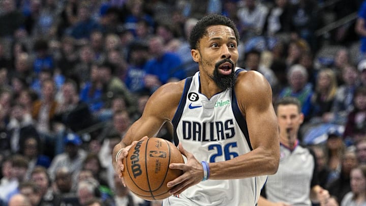 Jan 7, 2023; Dallas, Texas, USA; Dallas Mavericks guard Spencer Dinwiddie (26) in action during the game between the Dallas Mavericks and the New Orleans Pelicans at the American Airlines Center. Mandatory Credit: Jerome Miron-Imagn Images